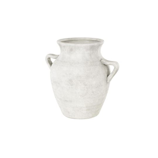 13" White Ceramic Antique Style Textured Vase with Black Shadings & Handles